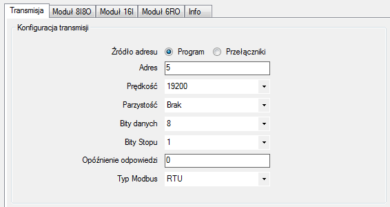 2.2. Odczyt i zapis ustawień Odczyt ustawień oraz wartości rejestrów modułu następuje zaraz po podłączeniu modułu do komputera i aktualizowany jest w czasie rzeczywistym.