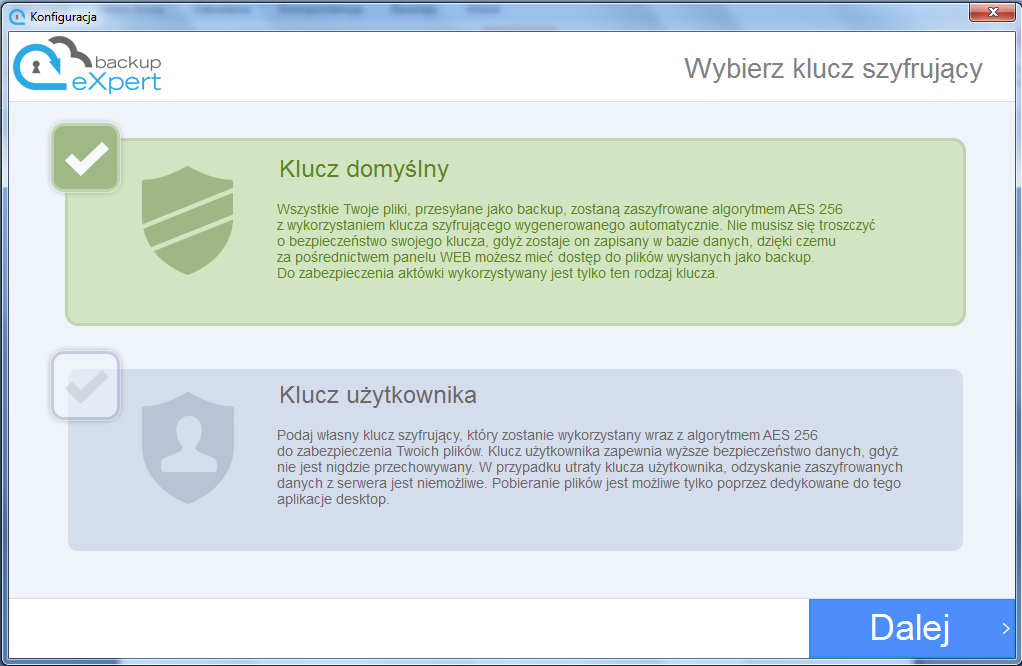 Pliki synchronizowane przez Aktówkę są szyfrowane oddzielnym kluczem niż backupy. Jest on generowany automatycznie.