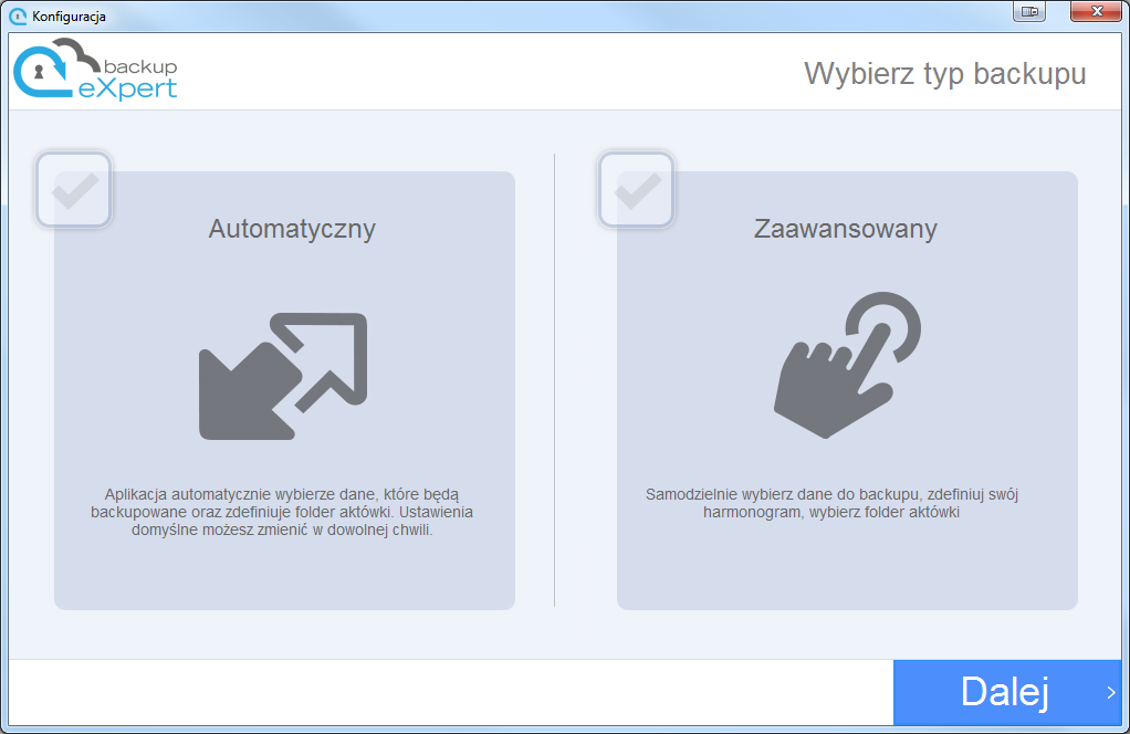 Kreator krok 3 Ostatnim krokiem kreatora pierwszego uruchomienia jest utworzenie pierwszego backupu. Mamy możliwość pomiędzy wybraniem backupu automatycznego i zaawansowanego.