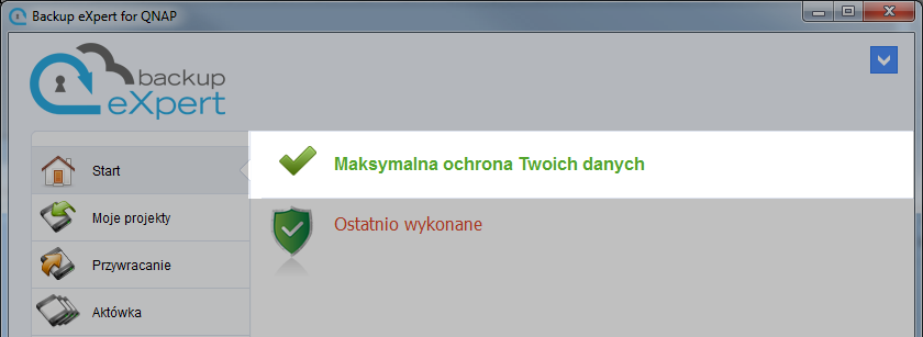 górnej części zakładki znajduje się belka komunikatów, na której wyświetlane są następujące informacje dotyczące pracy aplikacji: Maksymalna ochrona Twoich danych aplikacja pracuje prawidłowo, nie