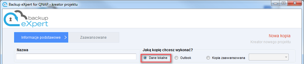 Aplikacja 20 Kreator projektu W zależności od wybranego typu kopii, wygląd zakładki Informacje podstawowe będzie się różnił, a część opcji zaawansowanych może być nieaktywna.