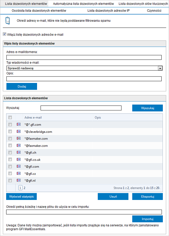 Screenshot 80: Karta Lista dozwolonych elementów 2. Na karcie Lista dozwolonych elementów można konfigurować dozwolone adresy e-mail i domeny.