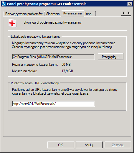 8.7 Lokalizacja i publiczny adres URL magazynu kwarantanny Panel przełączania programu GFI MailEssentials umożliwia skonfigurowanie lokalizacji i publicznego adresu URL magazynu kwarantanny.