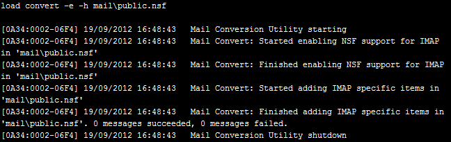 Screenshot 6: Tworzenie nowej bazy danych 2. Skonwertuj bazę danych za pomocą konsoli serwera, wprowadzając poniższy ciąg: load convert -e -h mail\public.