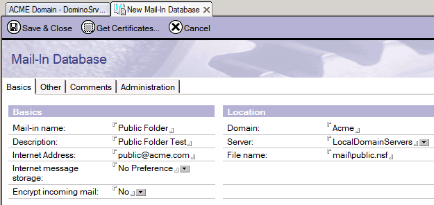 Screenshot 10: Nowa baza danych poczty przychodzącej 7. Z poziomu modułu Lotus Notes Administrator skonfiguruj folder do użycia na potrzeby poczty.