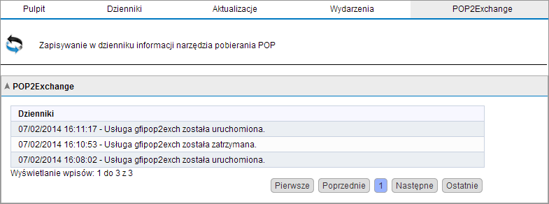 4.1.5 Aktywność programu POP2Exchange Screenshot 29: Dziennik programu POP2Exchange W programie GFI MailEssentials można monitorować aktywność programu POP2Exchange w czasie rzeczywistym.