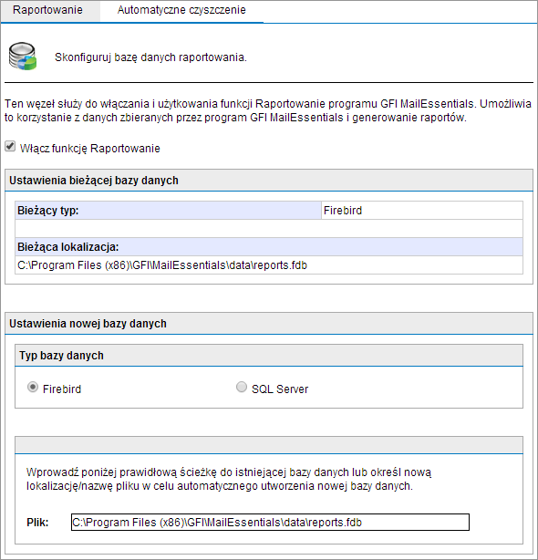 Konfigurowanie wewnętrznej bazy danych Firebird Screenshot 34: Konfigurowanie wewnętrznej bazy danych Firebird 1. Przejdź do obszaru Raportowanie > Ustawienia. 2. Wybierz Firebird. 3. Wprowadź pełną ścieżkę pliku bazy danych obejmującą jego nazwę wraz z rozszerzeniem fdb.