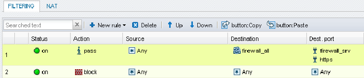 Konfiguracja reguł filtrowania i translacji NAT Dostęp do konfiguracji FILTER oraz NAT jest możliwy z poziomu Security policy > Filtering and NAT.