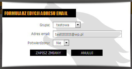 Grupa grupa, do której dodajemy nowy adres e-mail; Adres email podajemy nowy adres email; Potwierdzony ustawiamy czy adres jest potwierdzony, czy nie; Po uzupełnieniu wszystkich pól klikamy Dodaj.