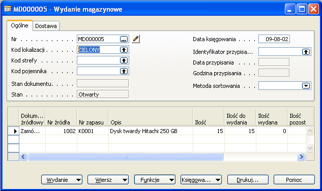 d) zaksięgować wydanie Księgowanie -> Księguj wydanie Warto teraz sprawdzić kartotekę zapasu: po