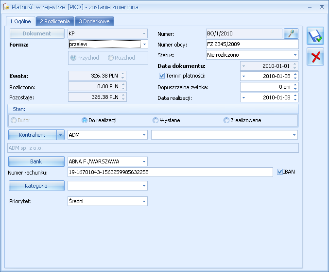 Rys. Formularz zdarzenia - zakładka Ogólne Na zdarzeniach powiązanych z dokumentem w innym module (np. zdarzenie powstałe po zatwierdzeniu faktury) automatycznie wyliczana jest data realizacji.