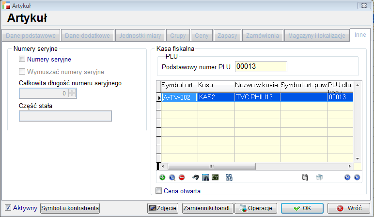Przypisywanie artykułów do kasy możemy również dokonać to z poziomu kartoteki artykułów i jest przeprowadzane dla każdego artykułu oddzielnie. Numer PLU Numer artykułu dla kas fiskalnych.