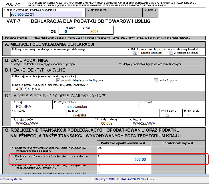 Wartość tych dokumentów automatycznie pojawia się w pozycji 21 deklaracji VAT-7. Funkcjonalność poprawia ergonomię pracy i skraca czas pracy operatorów. 3. Rozliczenie zwrotów.