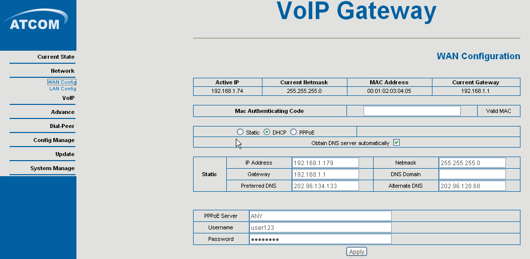 Konfiguracja IP 2R+L do nawiązywania połączeń VoIP Konfiguracja WAN Wybierz Network WAN Config aby zmienić ustawienia portu WAN: IP 2R+L wspiera róŝne typy adresów IP: Static IP (stały adres IP