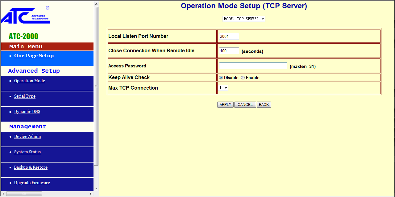 KONFIGURACJA (do współpracy z systemem METERNET) ONE PAGE SETUP - Panel szybkiej konfiguracji TYPE: - tryb połączenia.