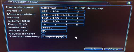 8. Ustawienie adresu IP w rejestratorze EVOS Wybieramy Menu->System->Sieć Adres IP każdego urządzenia w sieci LAN musi być inny. Dla typowej maski 255.