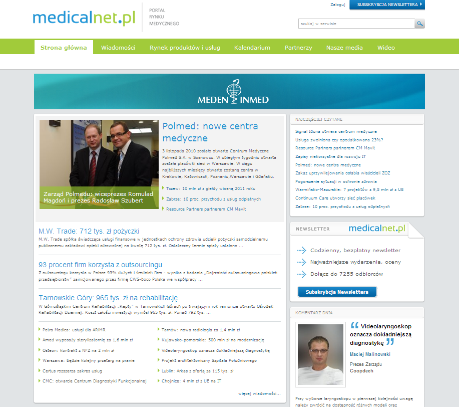 PORTAL KORZYŚCI OFERTY Dotarcie do kadry zarządzającej szpitalami, właścicieli prywatnych centrów i klinik, zainteresowanych tematyką oraz ofertą reklamową z obszarów: nowych inwestycji - budowy i