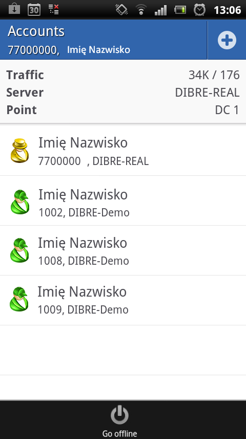 Rys. 13 Zarządzanie rachunkami w aplikacji mobilnej Aby rozłączyć się z serwerem, należy ponownie nacisnąć w telefonie przycisk: a następnie nacisnąć przycisk Go offline. 2.1.4 Wiadomości - Messages Skrzynka odbiorcza wiadomości w Aplikacji mobilnej MetaTrader 4.