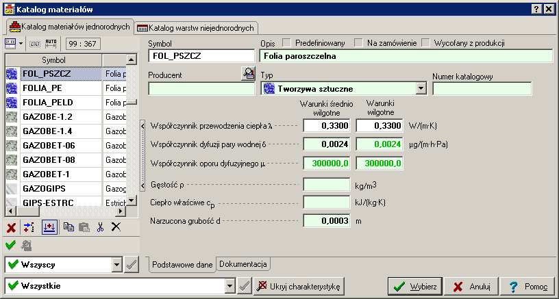 Kurs programu AUDYTOR OZC 4.8Pro Krok 3 Wprowadzenie danych nt. izolacji paroszczelnej W podobny sposób dodajemy do katalogu materiałów jednorodnych izolację paroszczelną (rys. 2).