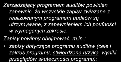 doboru zespołu auditującego - brak wystarczających kompetencji; wdrożenia - nieskuteczne informowanie o programie auditów; nadzoru nad zapisami z auditów - błędy w zakresie odpowiedniej ochrony