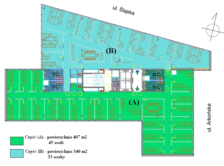 PRZYKŁAD 2 dwóch najemców aranżacja podziału na pokoje (powierzchnia 407 m 2, powierzchnia 340 m 2 ) EXAMPLE 2 two tenants office layout