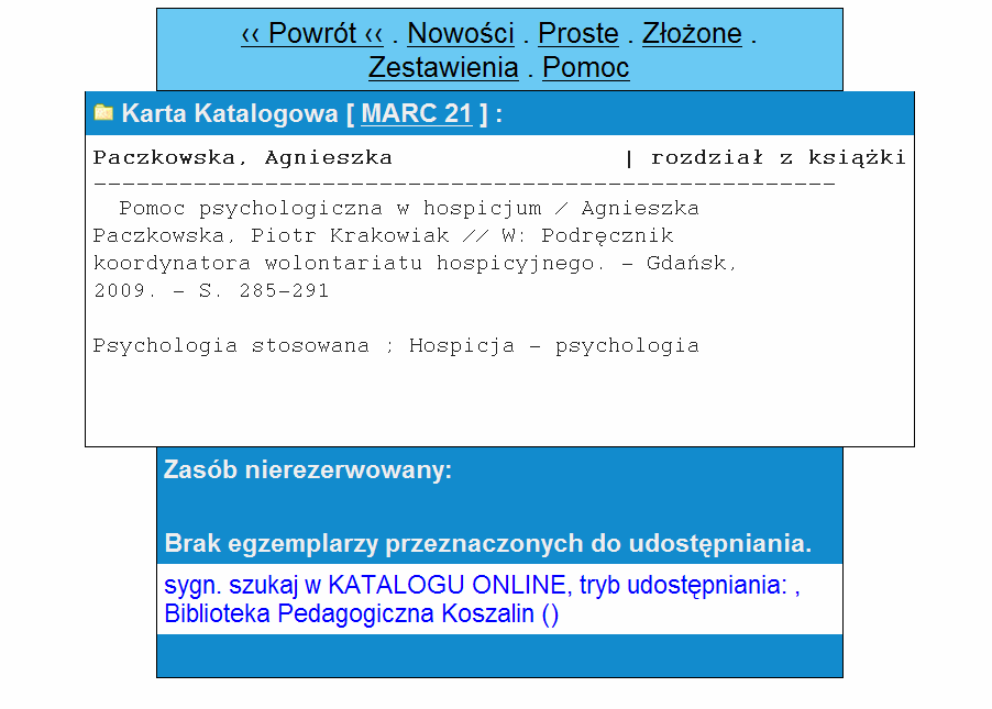 Przykład 5. Opis karty katalogowej odrębnej pracy (z ksiąŝki pod redakcją). Wyszukiwanie analogiczne jak w przypadku ksiąŝki.