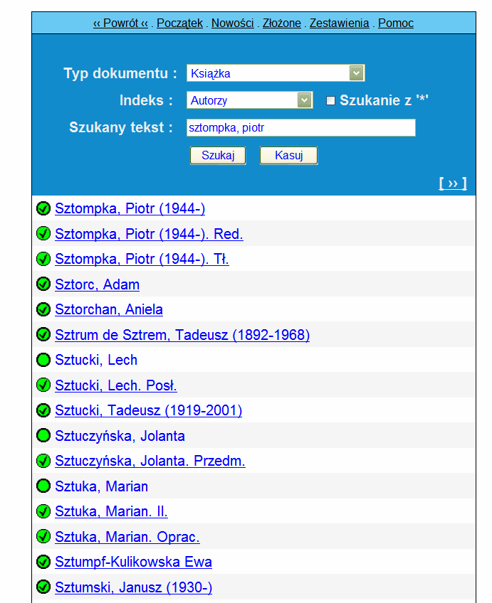 Przykład 1. Wyszukujemy konkretną ksiąŝką (znany jest autor i/lub tytuł ksiąŝki): Wybieramy indeks autorski i wpisujemy w polu szukany tekst nazwisko i imię. Nazwisko i imię oddzielamy przecinkiem.
