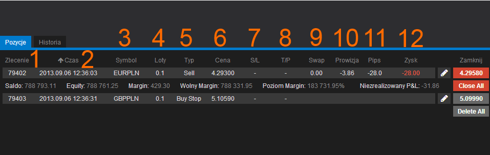 1. Zlecenie - Numer zlecenia 2. Czas - Czas zrealizowania zlecenia 3. Symbol - Nazwa Instrumentu 4. Loty - Wielkość transakcji w lotach 5. Typ Typ zlecenia 6. Cena - Cena realizacji 7.