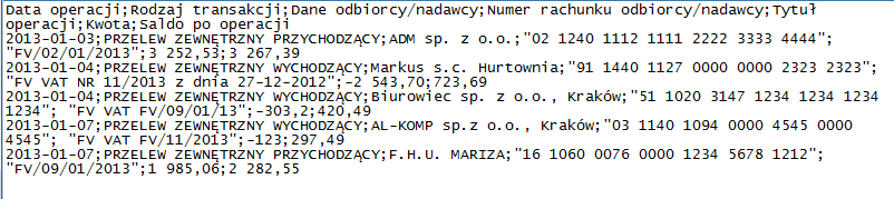 Uwaga: Wyjątek stanowią pliki MT940 - program umożliwia import z takich plików, jednak jest to mechanizm zaszyty w programie i nie ma możliwości jego edycji/ modyfikacji.