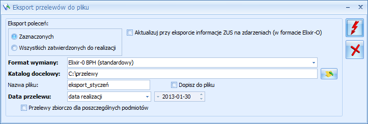 Po naciśnięciu na ikonę Eksportuj polecenia przelewu pojawia się okno Eksport przelewów do pliku, w którym należy uzupełnić następujące dane: 1.