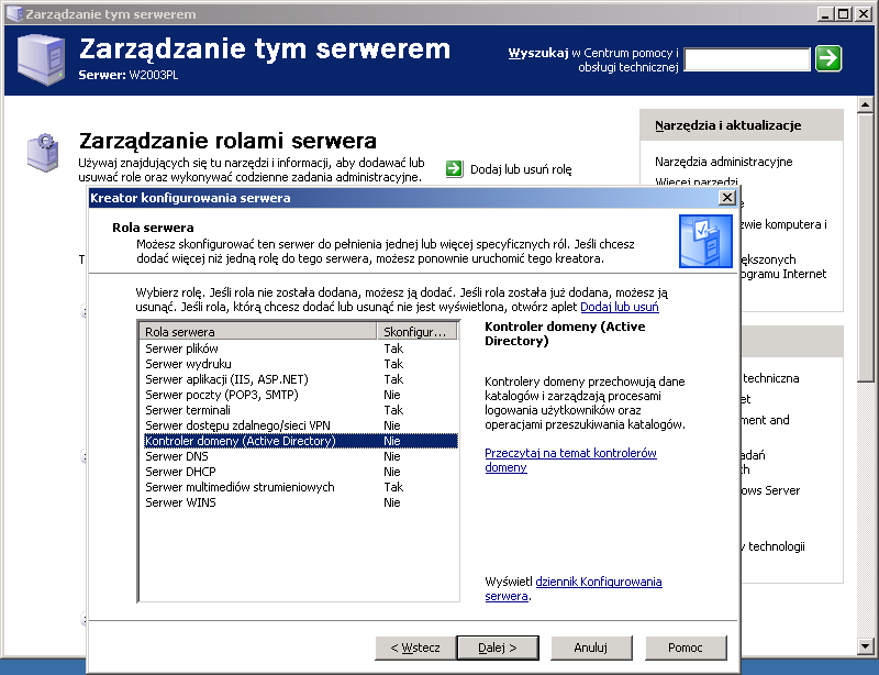 Instalacja roli kontrolera domeny Aby zainstalować rolę kontrolera domeny, należy: uruchomić