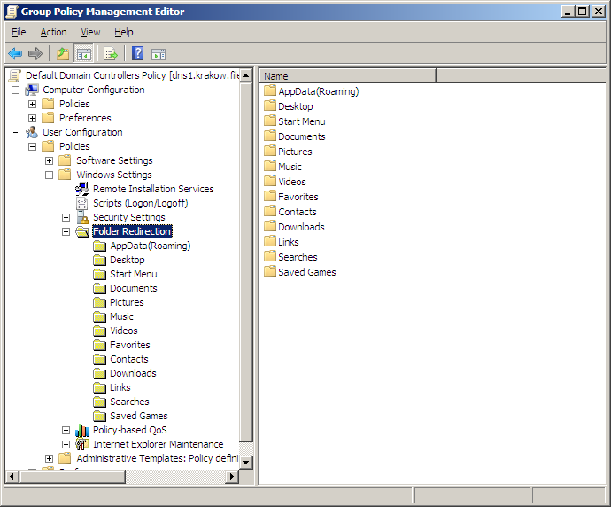 Konfigurowanie przekierowania folderu W zasadach grupy w domenie w węźle User