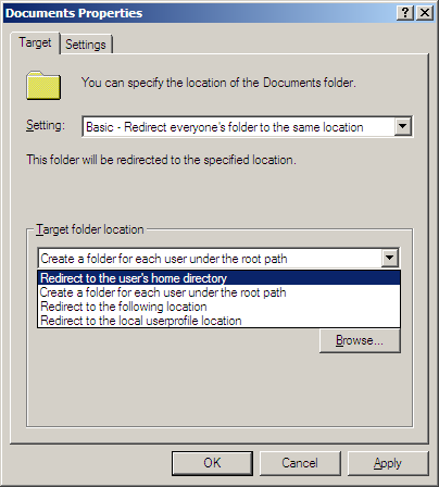 Konfigurowanie przekierowania podstawowego Opcja Basic umożliwia określenie lokalizacji folderu docelowego z następującymi opcjami: Redirect to the user s home directory (dostępne tylko dla katalogu