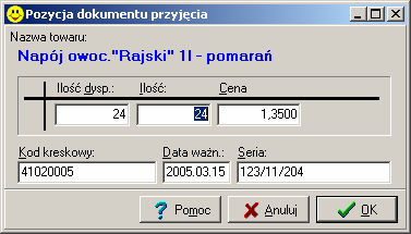 Po odnalezieniu pozycji dokonany wybór zatwierdzamy klawiszem Enter. W wyszukiwaniu pozycji asortymentowych możemy wspomagać się także czytnikiem kodów kreskowych.