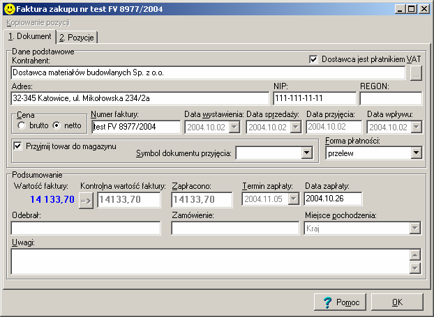 Kontrolki Dane (ustawienia, parametry) wprowadzamy do programu i odczytujemy z programu przy pomocy kontrolek. Przykładem może być pierwsza zakładka okienka Faktura zakupu.