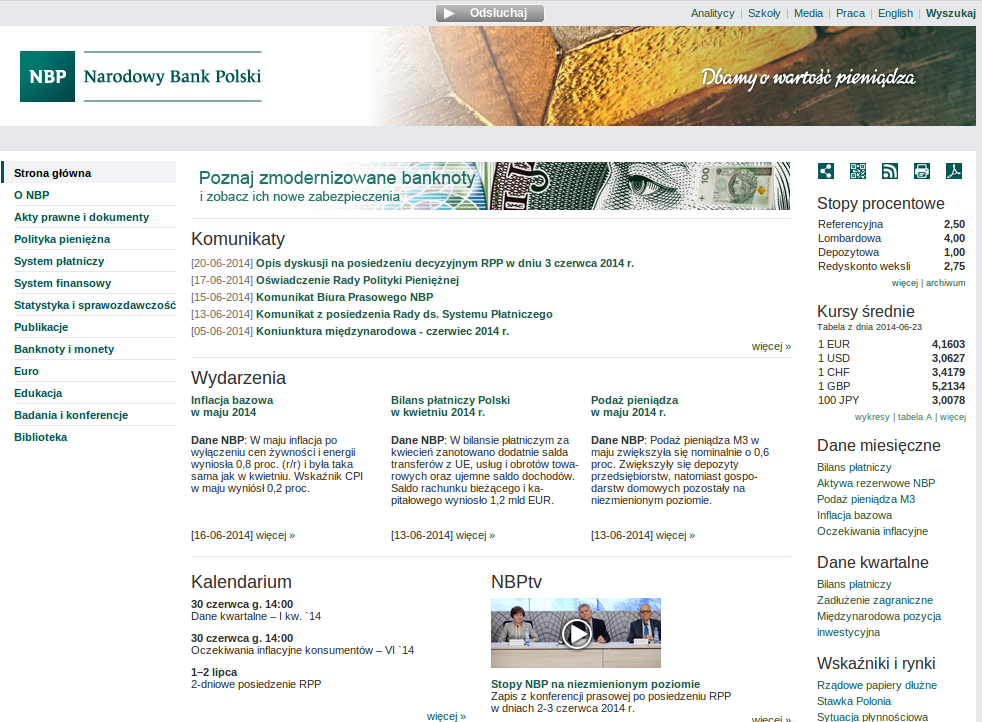 Wykonaj zrzut ekranu zawierający widok strony z aktualnymi kursami walut i prześlij pocztą emailową do prowadzącego zajęcia w dokumencie tekstowym (format odt) o nazwie cw32. Rys. 48.
