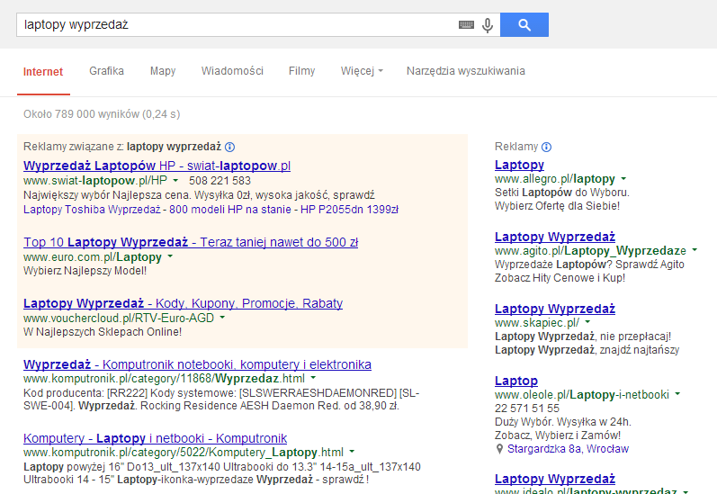 Kanał komunikacji STANDARDOWE NOŚNIKI REKLAMY ONLINE platne pozycje LINKI SPONSOROWANE (PPC) płatne wyniki wyszukiwania w wyszukiwarce Google