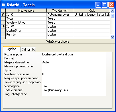 Etap 2 Zmodyfikowanie tabeli która służy do przechowywania informacji o książkach. Kroki Krok 1 Dodaj pole identyfikujące wydawnictwo Szczegóły Dodaj pole Id_W o typie danych Liczba.