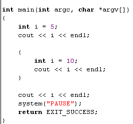 Przyjrzyjmy się innemu przykładowi Wewnątrz funkcji main deklarujemy zmienną o nazwie i i inicjujemy ją wartością 5. Wyświetlamy wartość zmiennej i na ekranie.