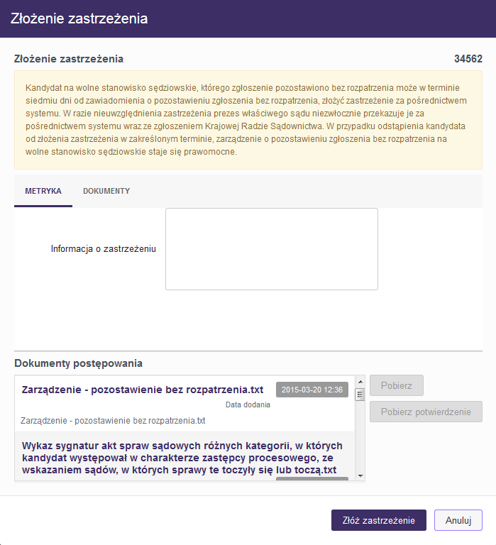 Wypełnienie pola Informacja o zastrzeżeniu jest nieobowiązkowe.