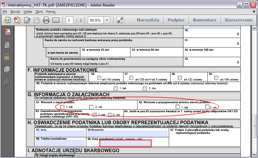 W celu dodania załącznika należ wpisać wartość 1 w odpowiednim polu, w sekcji K. Informacja o załącznikach.