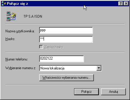 2) W polu Połącz Używając, możesz wybrać modem Internet PPP, 64K Adapter. Naciśnij przycisk Dalej.