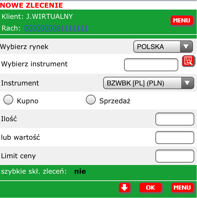 Jeśli masz więcej niż jeden rachunek inwestycyjny, możesz skorzystać z opcji Zmiana rachunku/waluty, która pozwala na sprawne przechodzenie pomiędzy rachunkami i dokonywanie transakcji bez