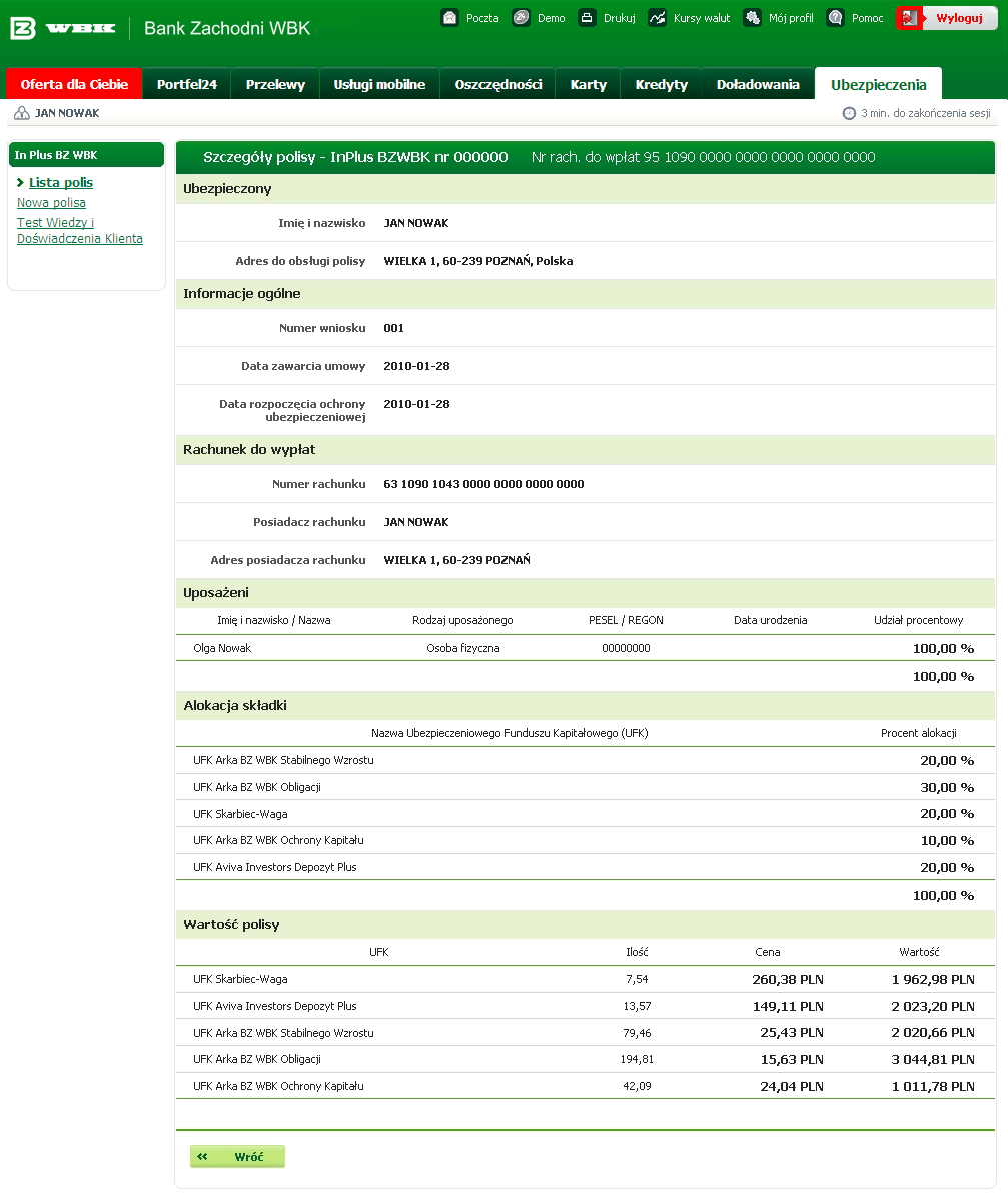 Dane szczegółowe polisy W zakładce Ubezpieczenia wybierz opcję Szczegóły przy interesującej Cię polisie.