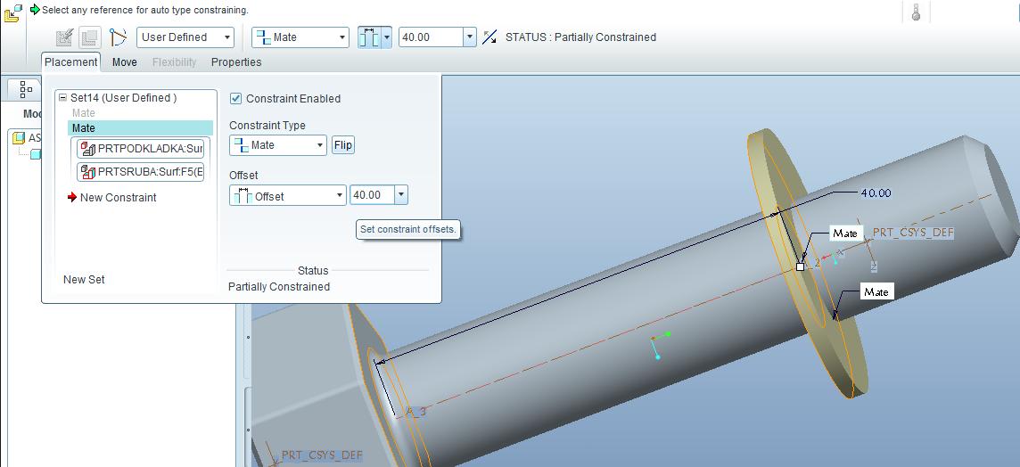 - Mate z opcją Offset w celu dopasowania płaszczyzny podkładki i płaszczyzny łba o określoną odległość, w tym wypadku taką żeby podkładka znalazła się po złożeniu całości na zewnątrz piasty.