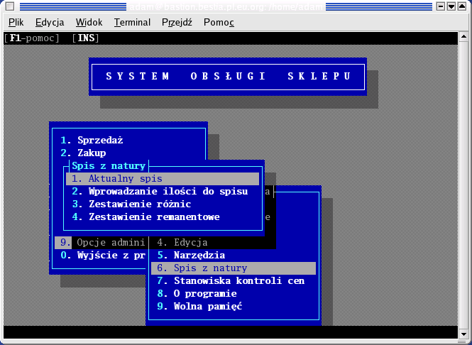 Aby rozpocząć inwentaryzację (spis z natury), musimy wejść do programu jako użytkownik 'mag' i uruchomić opcje : 9. Opcje administratora 6. Spis z natury Opis poszczególnych opcji w tym menu : 1.