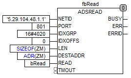 DESTADR (DWORD) - Adres zmiennej do której wpisujemy odczytaną wartość, najczęsciej odczytujemy go funkcją ADR, READ (BOOL) - Wejście reagujące na zbocze narastające, służy do wydawania polecenia