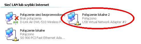 Po udanej instalacji wirtualnej sieci system powinien wykryć porty USB połączone przewodem, jako karty sieciowe w Menadżerze urządzeń: i Połączeniach sieciowych komputera: W