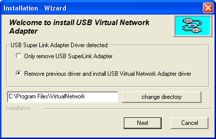 Połączenia przez porty USB 11 USB Virtual Network Adapter Zainstalowanie wirtualnej sieci USB (USB Virtual Network Adapter) po wcześniejszym zainstalowaniu standardowego