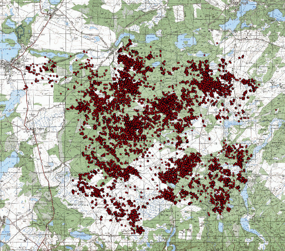 Rycina nr 26 przedstawia punkty pomiaru pozycji Stada Drawsko w roku 2011. Powierzchnia areału w tym roku wzrosła w stosunku do roku wcześniejszego, do 117 km2.